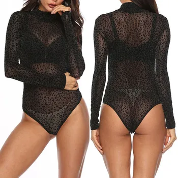 

Black Leopard Bodysuit Womens Perspective Lace Long Sleeve High Collar Jumpsuit For Woman Body Suits Playsuit Romper Ropa Mujer