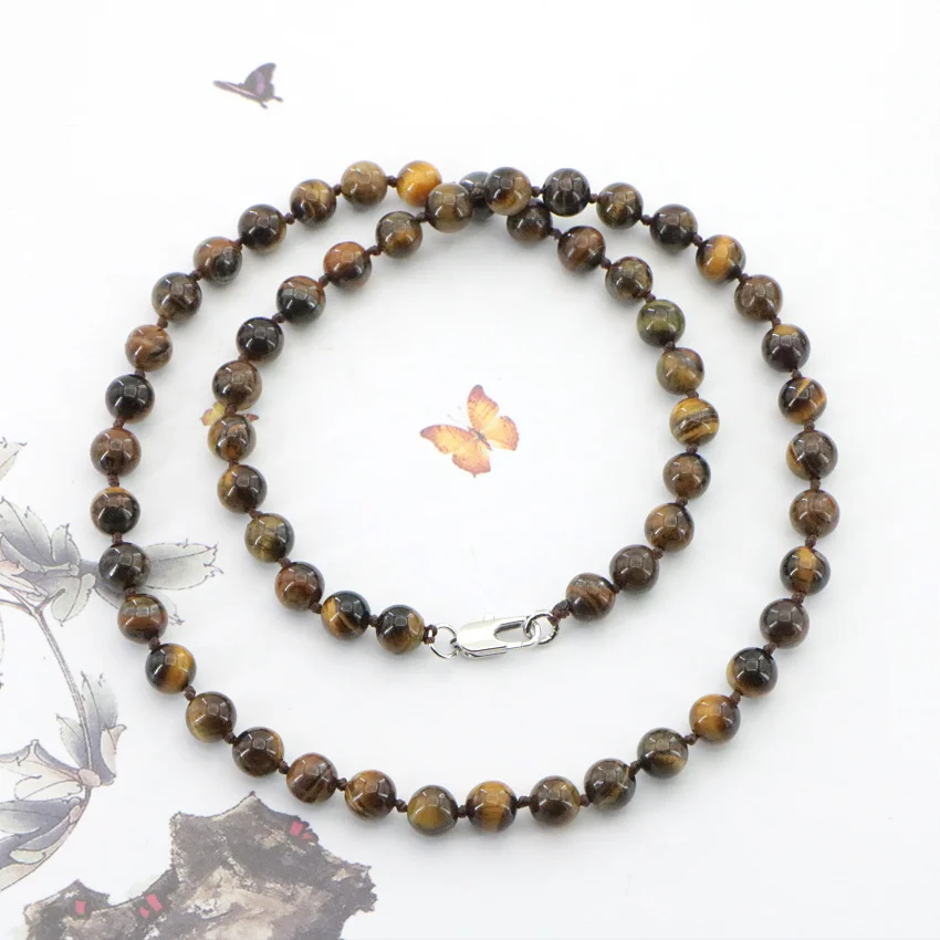 Natural 6-14mm Tiger Eye Stone Necklace Round Loose Beads Gems Stone Women Girls Wedding Christmas Gifts Jewelry Wholesale 18 “