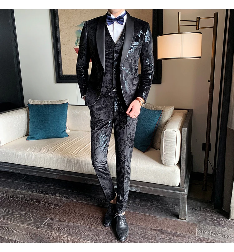 Роскошные костюмы мужской пиджак-смокинг Королевский Черный Vestito Uomo курить Slim Fit бархатные свадебные костюмы для мужчин сценические костюмы цветы