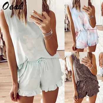 

Summer Womens Tie Dye Printed 2 Pcs Short Pajamas Set Leopard Sleeveless Sleepwear Set Casual Loungewear Nightwear 2020 Summer