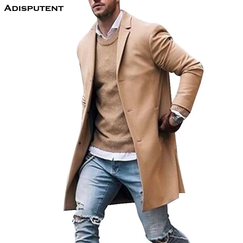 

Drop shipping Adisputent Trench Coat Winter Slim Fit Pea Coat Winter new solid color simple men's long section woolen coat
