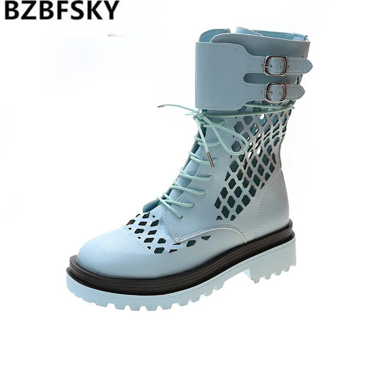 

2020Fashion Women's Round Toe Lace-Up Platform Motorcycle Boots 2020 Summer Sweet Cute Breathable Cool Hollow hole women Boots