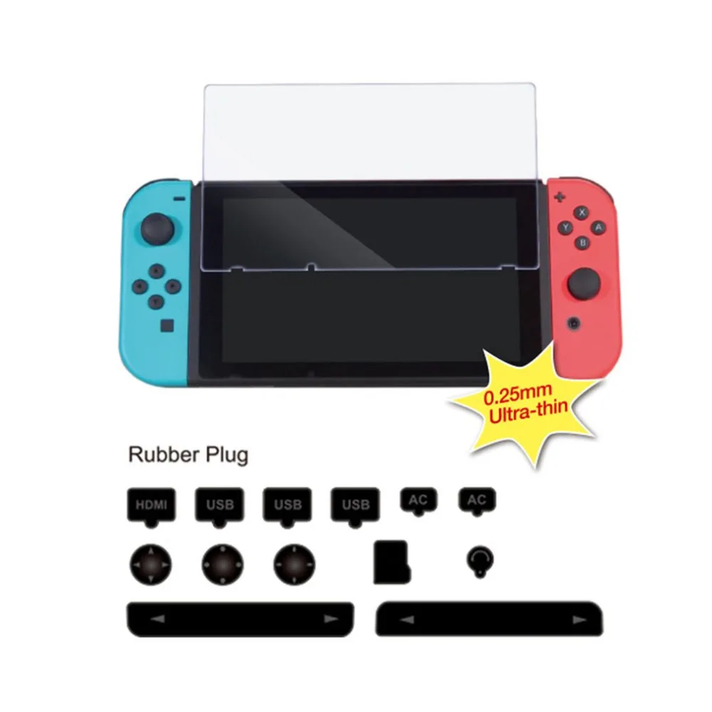 

OCDAY Game Console Accessory Set Dustproof Kit + Hardness Tempered Glass Screen Protective Film For Nintend Switch NS Console