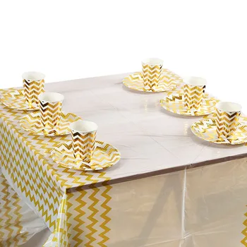 

17pcs/lot Gold Striped Disposable Tableware Sets Cups Plates Tablecloth Kids Birthday Party Supplies Baby Shower Wedding Decor