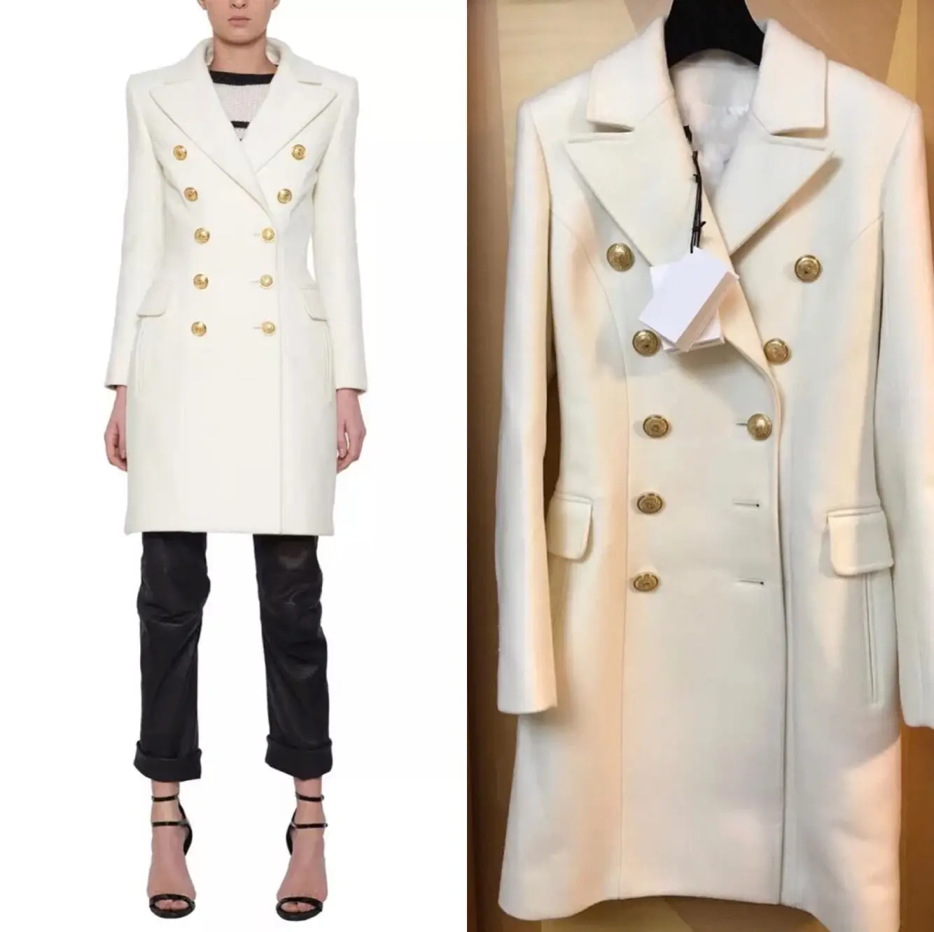 

New big size winter wool dress in white wool coat lapels long double breasted