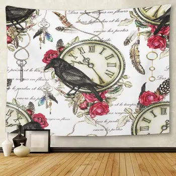 

Watercolor Flowers Bird Feathers Black Crow and Red Rose Tapestry Wall Hanging for Living Room Bedroom Dorm 50x60 inches