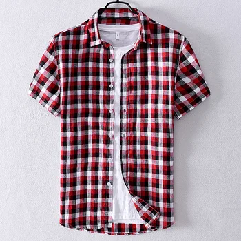 

2020 New Plaid shirts Men Fashion 100% Linen Short Sleeved Summer Casual Men Shirt Mens Dress Shirts Y2812