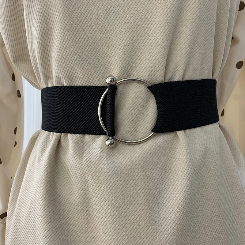 Belts for Women Black Simple Waist Elastic Ladies Band Round Buckle Decoration Coat Sweater Fashion Dress Rice White photo