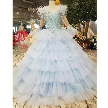 

BGW 22715ht Light Blue Evening Dresses Cake Style O-neck Long Flare Sleeves Lace Up Back Feather Party Dress Girls Pageant Dress