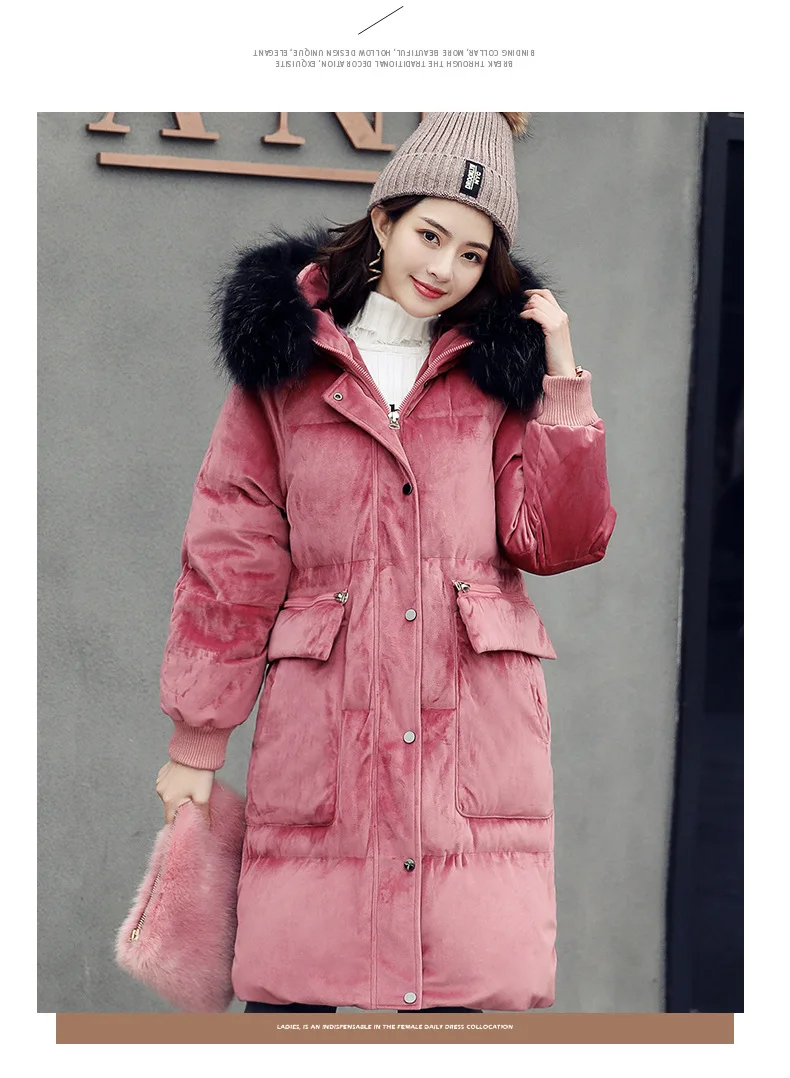 Manufacturers Direct Selling Gold Velvet Large Size Coat Korean-style Mid-length Loose-Fit Large Fur Collar Hooded White Duck do