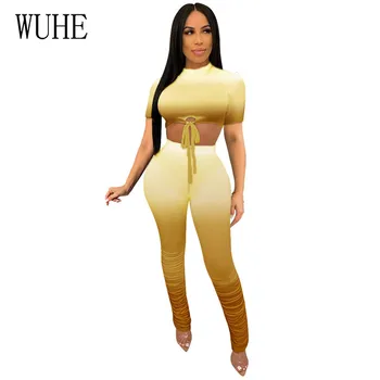 

WUHE Gradient Print 2 Piece Set Casual Women Outfits Crop Top and Stacked Pants Matching Sets Summer Bandage Tracksuit Female