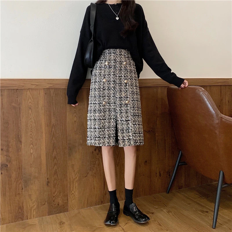 Heydress, клетчатая Женская Осенняя длинная юбка-карандаш на пуговицах, зимние шерстяные юбки, Корейская облегающая элегантная твидовая юбка с высокой талией