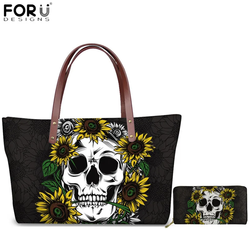 

FORUDESIGNS Sunflower Skull Print Luxury Tote Bags 2pcs/set Women High Quality Handbags Female Travel Shoulder Bag Bolsa Mujer