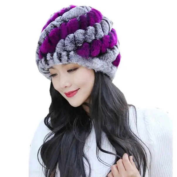 Модная теплая зимняя шапка женские шапки ручной работы теплый женский головной убор шапки - Цвет: Фиолетовый