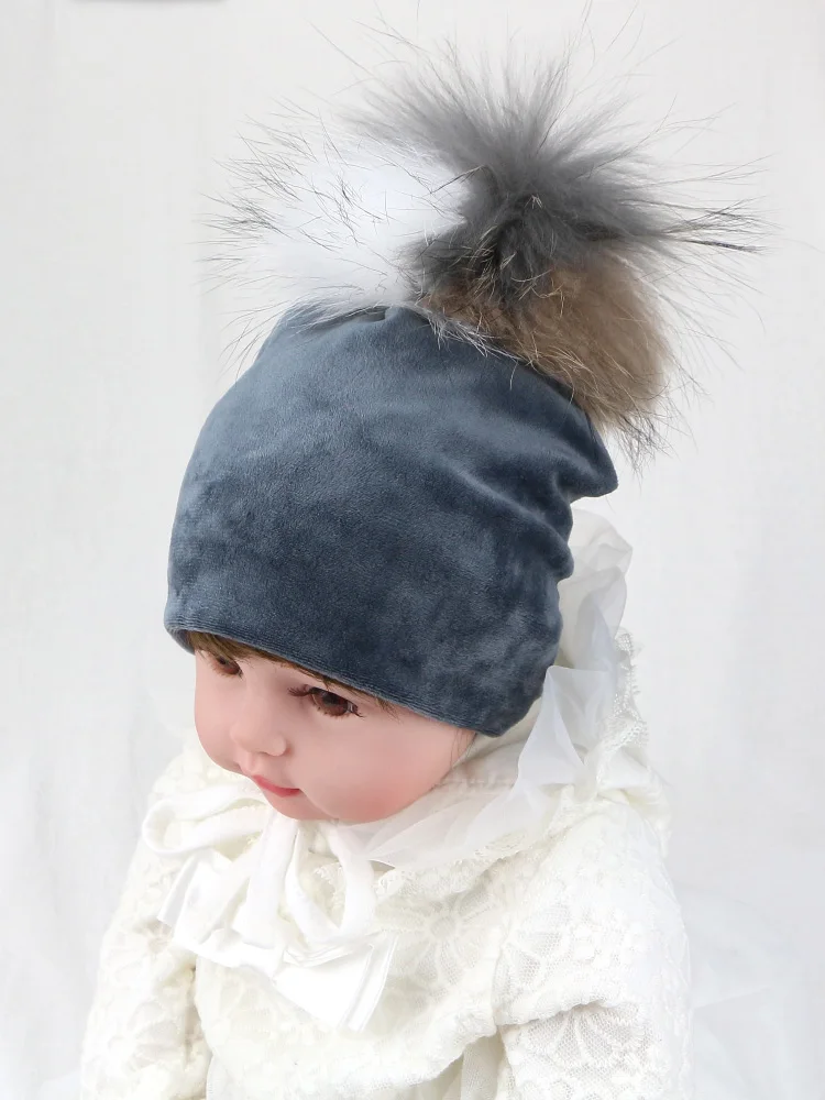 Sunlikeyou/теплая бархатная мягкая детская шапка, Детские шапочки, съемные разноцветные зимние шапки с помпоном из натурального меха енота для маленьких девочек