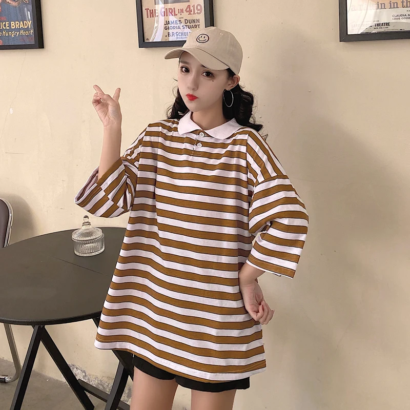 

Loose Striped Polo Shirt Women Cotton Casual Short Sleeve Pink Shirt 2020 Summer Fashion Lapel Green Tunic Female Harajuku Tops