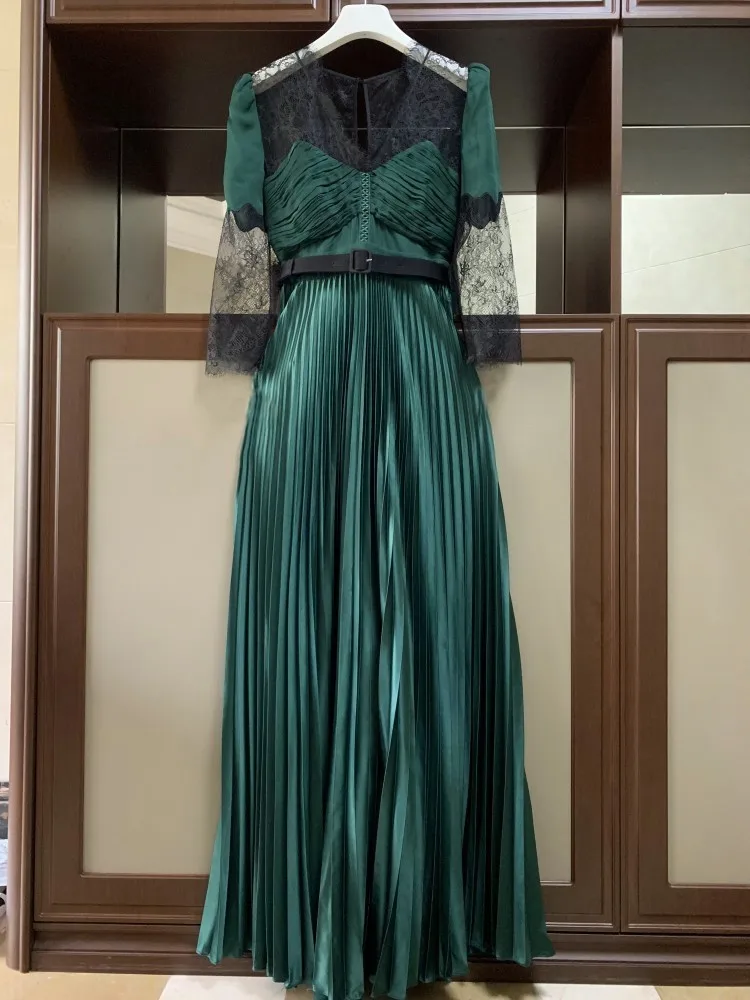

Goodlishowsi Autumn Women Elegant Maxi Dress Lace Patchwork Sexy V-Neck Long Sleeve Ladies Party Night Pleated Dresses