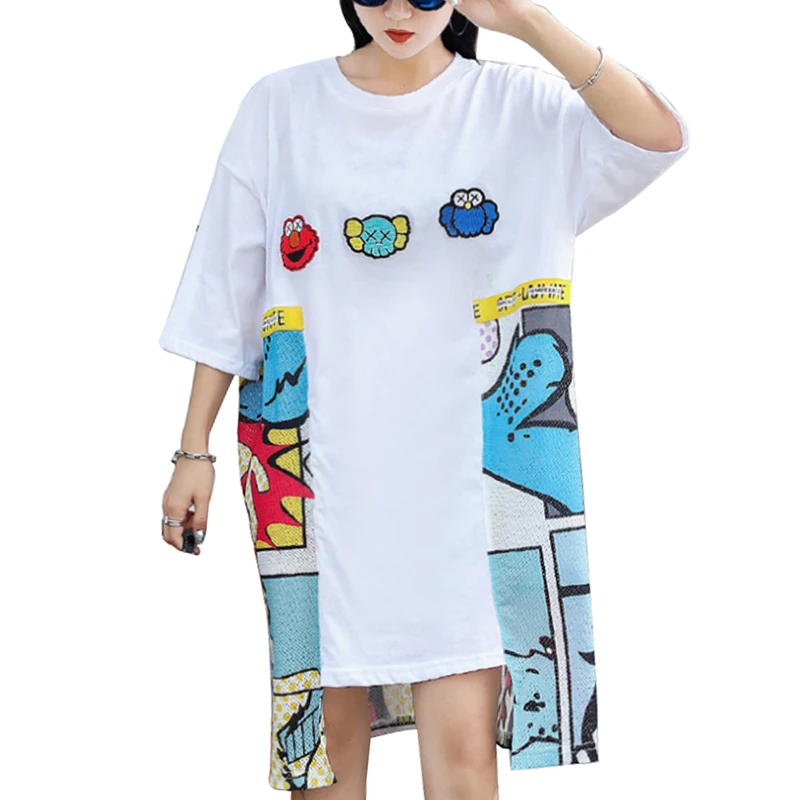 

QING MO Women Cartoon Print Summer Dress Women Irregular Dress Women Elegant Casual Style Dress Black White ZQY477