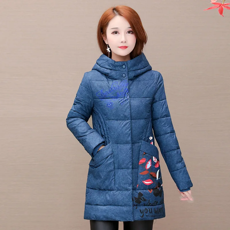 

Mid-length Slimming Printed Warm Cotton Coat 2019 Winter New Style Korean-style Long Sleeve Hooded Slim Fit Versatile Cotton-pad