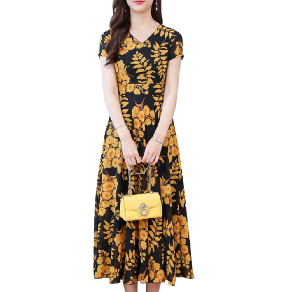 Summer Dress Women Floral Print Tight Waist Large Swing Loose Long Dress V-Neck Short Sleeve Maxi Dress