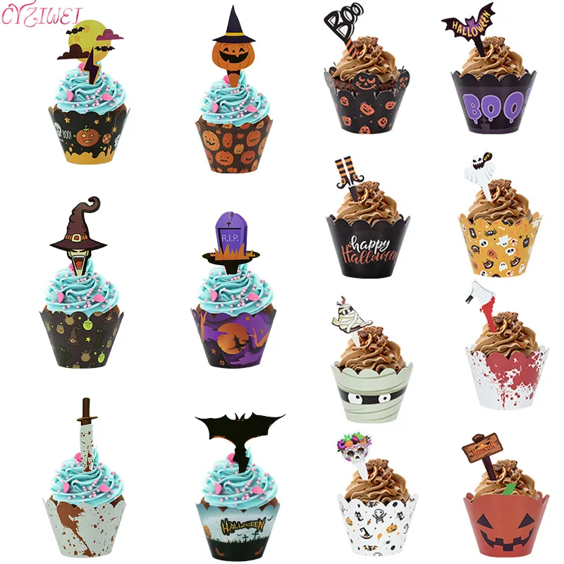 

24/36pcs Halloween Decoration Cupcake Wrapper Cup Muffins Horror Pumpkin Witch Bat Cake Toppers For Halloween Party Cake Decor