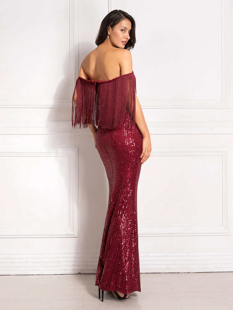 Бордовый слеш кисточка Шеи Лоскутное Sequind Макси платье с открытыми плечами осенние вечерние платья