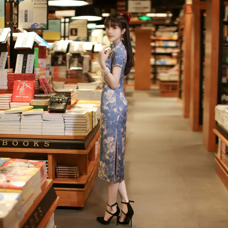 Women Chinese Style Dress Cheongsam Retro Elegant Blue Qipao Cheongsam Plus Size 3XL Vestido China Summer Clothing Qipao