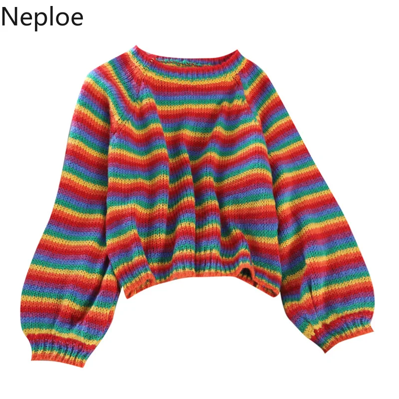 Neploe корейский Crazy style Свободный вязаный свитер с круглым вырезом Радужный полосатый фонарь длинный рукав Pull Femme Повседневный пуловер осень 46945