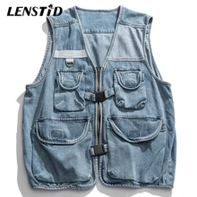 LENSTID осень в стиле «хип-хоп» с несколькими карманами джинсовые жилеты Для мужчин с пряжкой спереди уличная Винтаж модное нарядное платье без рукавов джинсы для езды на мотоцикле куртки