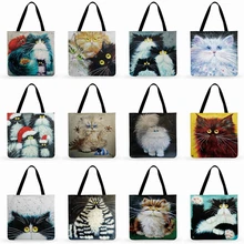 Уличная Повседневная Сумка-тоут с красочным рисунком кота, женская сумка-тоут, складная сумка для покупок, Льняная сумка, женская сумка на плечо