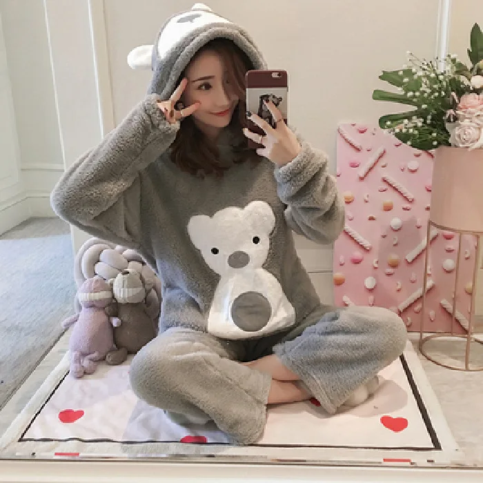

Pajamas Female Spring Autumn And Winter New Style Long Velvet Flannel Long Sleeve Trousers Warm Hooded Cute Cartoon Students Set