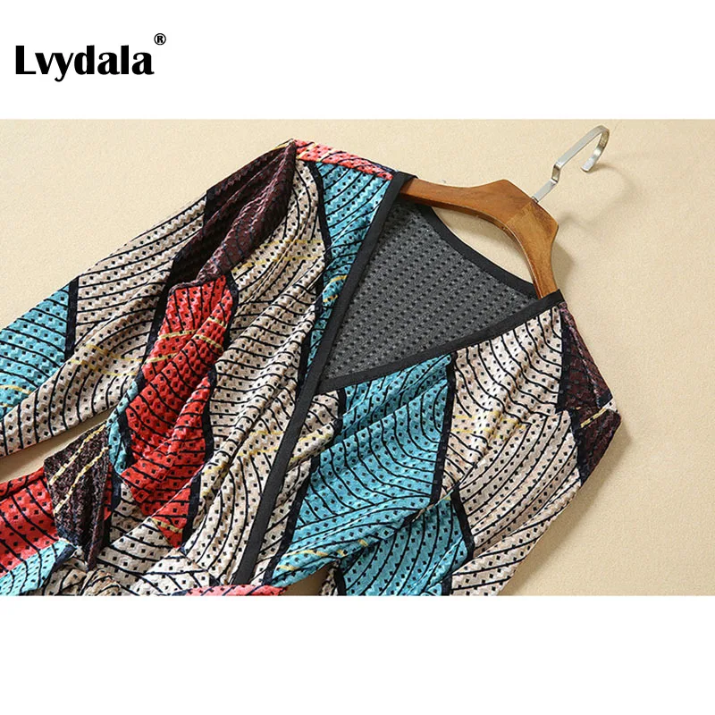 Lvydala, новая мода, дизайнерское подиумное платье, женское, с длинным рукавом, цветное, в полоску, бархатное, миди, платья для женщин, Vestidos