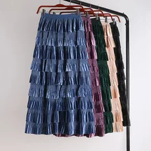 Зимняя Гибкая эластичная юбка миди с высокой талией, плиссированная Многослойная Бархатная юбка для женщин, женские юбки с оборками, синяя saia saias