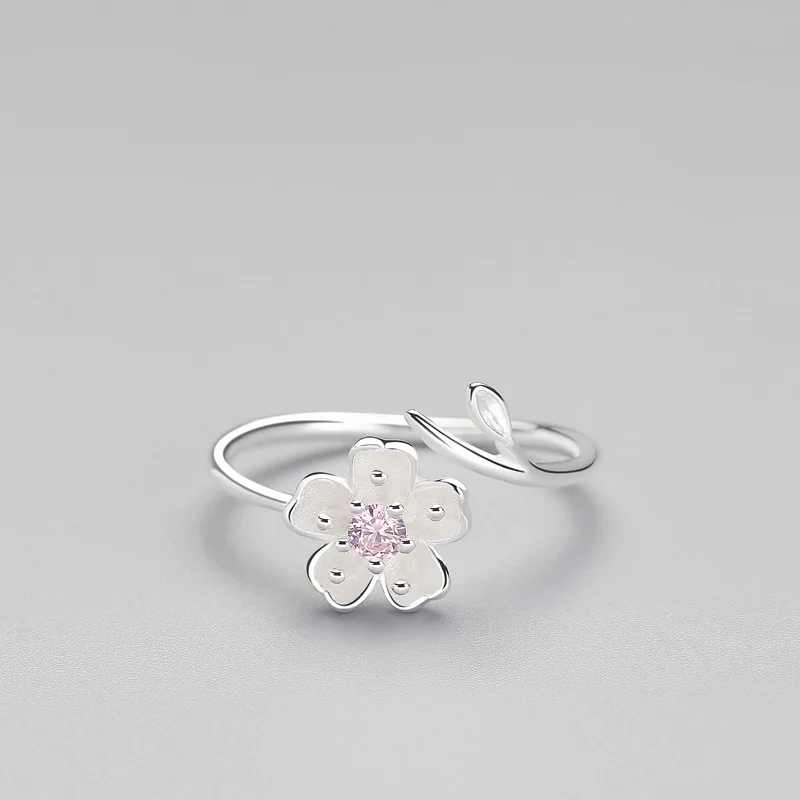 Real 925 Sterling Silver Zircon Enamel Plum Flower Adjustable Ring for Women Romantic Party Bijoux silver rings silver ring