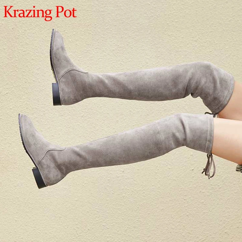 Krazing pot/высококачественные ботфорты из флока с круглым носком на толстом низком