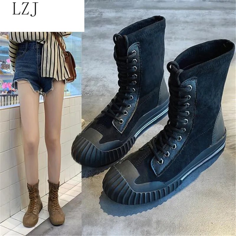 Autumn and Winter New Korean Version of The Belt Elastic Cloth Shell Head Martin Boots Net Red Wild Boots Zapatos De Mujer