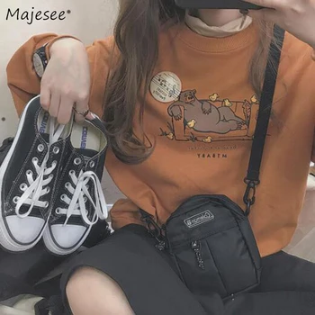 

Hoodies Women Cartoon Printed Kawaii BF Casual Student Harajuku Loose 2XL All-match Korean Style Sweatshirt Womens Simple New