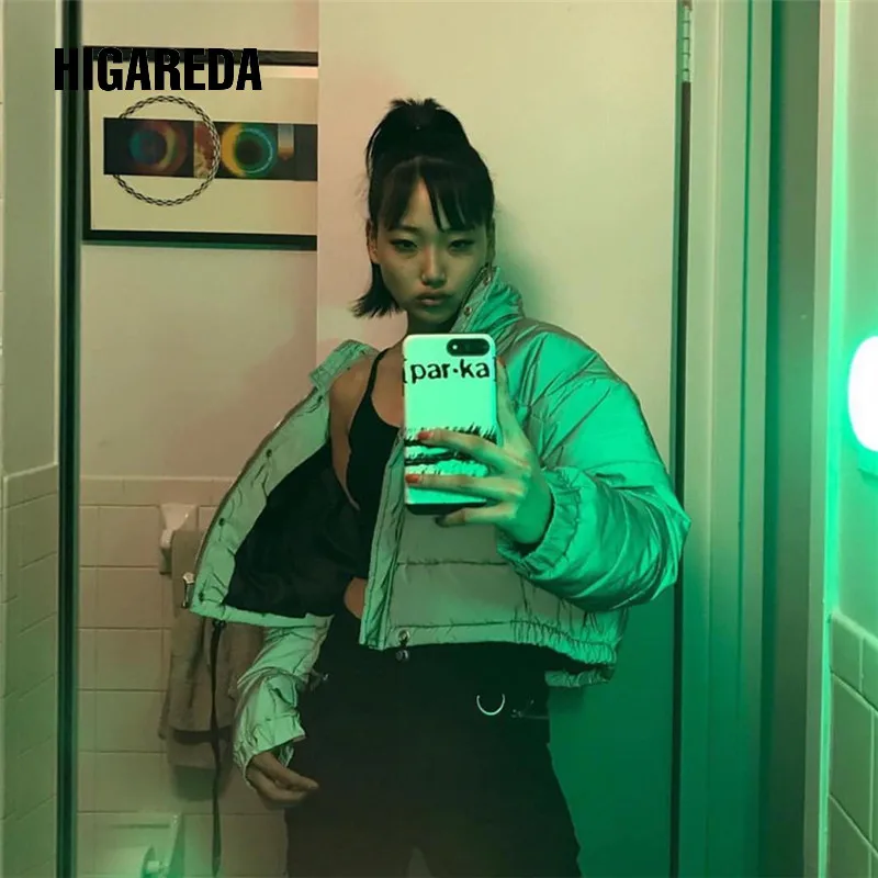 

winter women fashion Reflector Cotton-padded jacket high waist zipper fly pockets female casual thick warm clothing