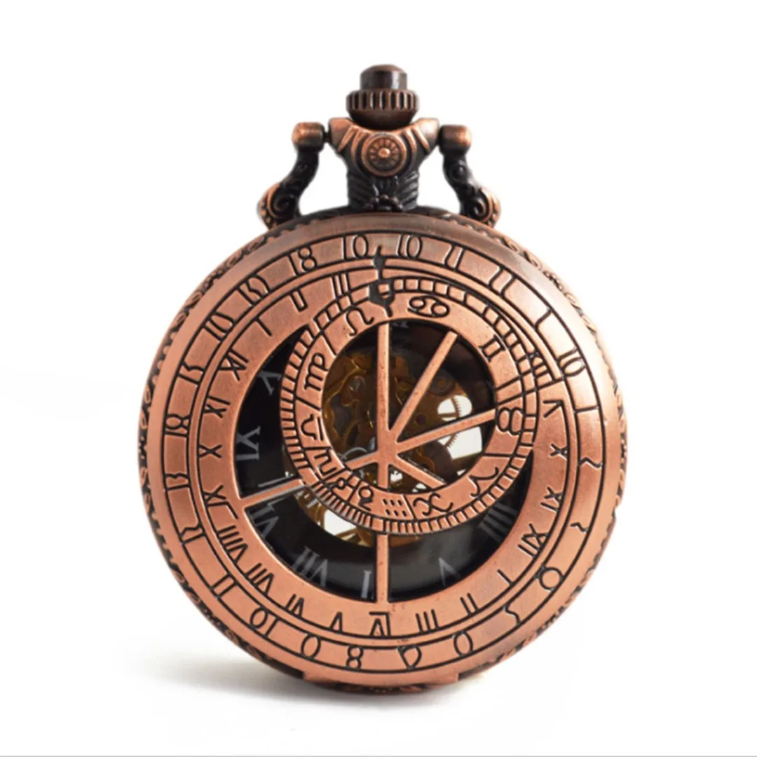 Винтаж Мужские Механические карманные часы Hollow Скелет зодиакальный компас карманные часы с ручным заводом механические часы Рождество - Цвет: Red Bronze