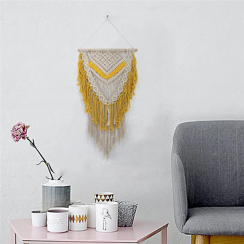 

Scandinavia Style Macrame Woven Wall Hanging Yellow Cotton Home Geometric Art Decor Beautiful Apartment Dorm Room Decoration