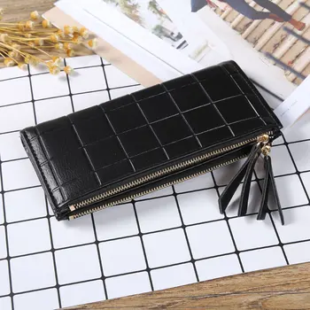 

Square lattice long ladies wallet multifunctional double zipper mobile phone bag student coin purse mini wallet phone bag