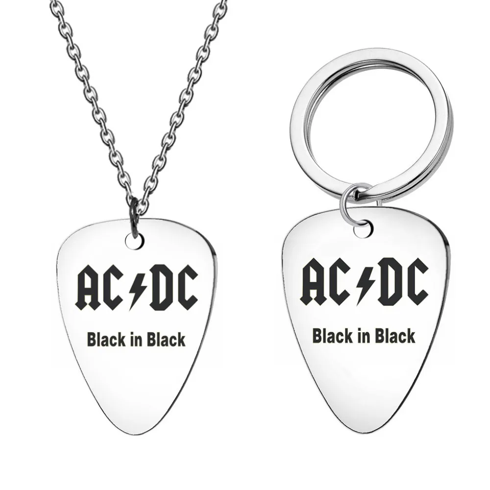 Stainless Steel AC DC Dial Necklace Rock Band Key Keys Guitar Titanium Steel Men's Punk Instrument Guitar Pick Keychain Jewelry