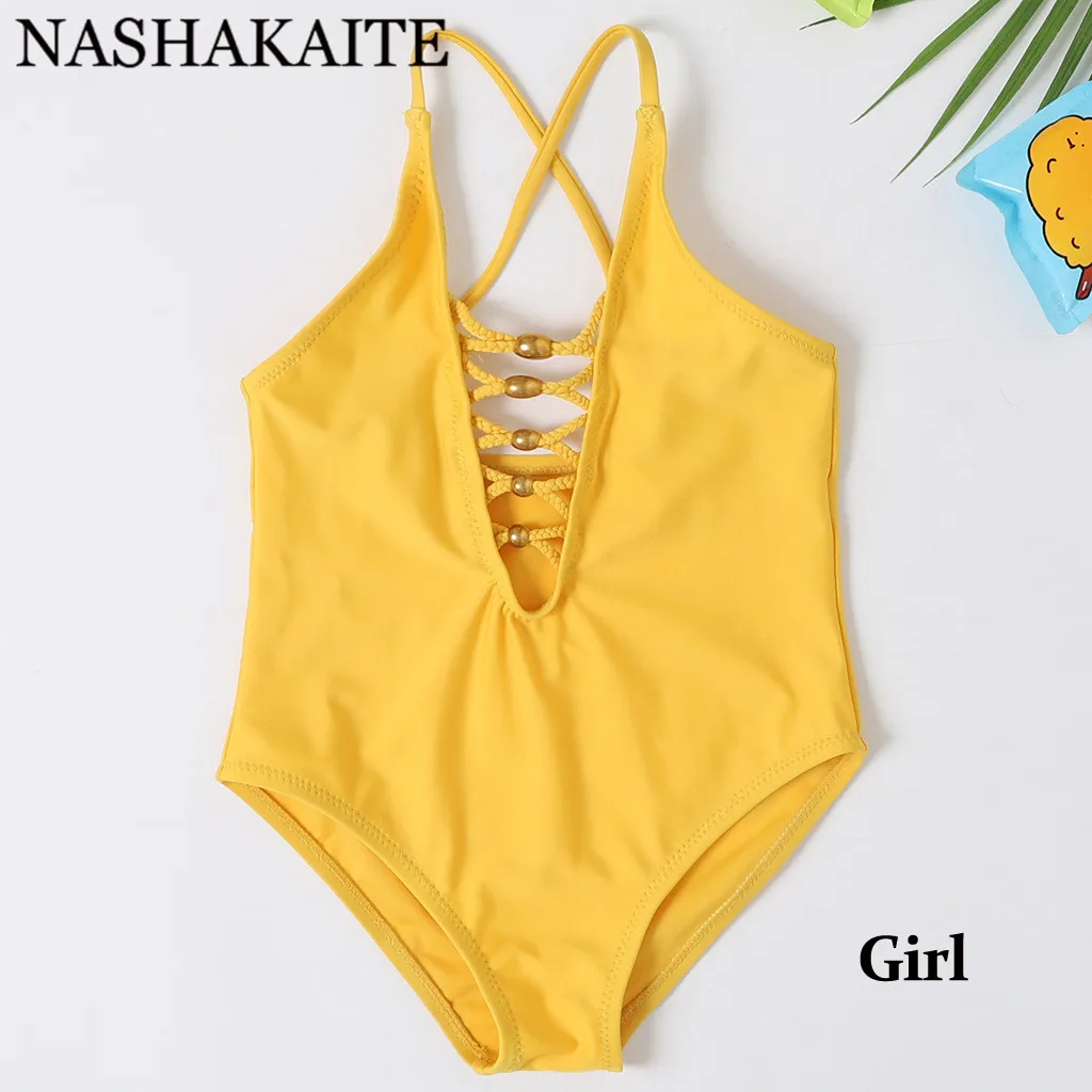Girl A NASHAKAITE Swimsuit Mother Daughter Solid Yellow Drawstring Bathing Suit Women Girls Beachwear Family matching swimwear - Цвет: Girl A
