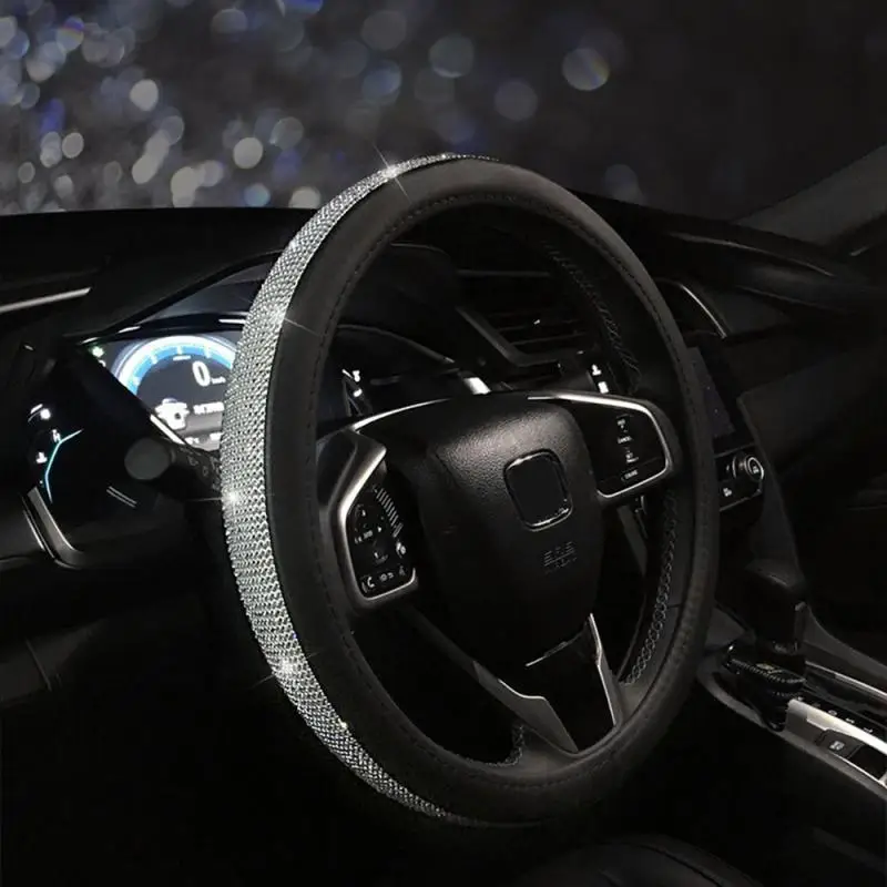Чехол рулевого колеса автомобиля модный алмазный Шипованный чехол на руль черный кожаный белый бриллиант чехол на руль