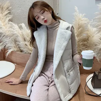 

Down Cotton Vest Women's Korean Autumn Winter Patchwork Faux Fur Lamb Lapel Female Vests Coat 2019 Solid Warm Ladies Outwear