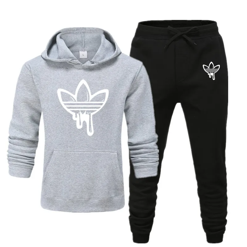 light grey black Зимний фирменный теплый спортивный костюм, флисовый плотный спортивный костюм, толстовки, мужской костюм, толстовка с капюшоном+ штаны, мужские костюмы - Цвет: light grey black
