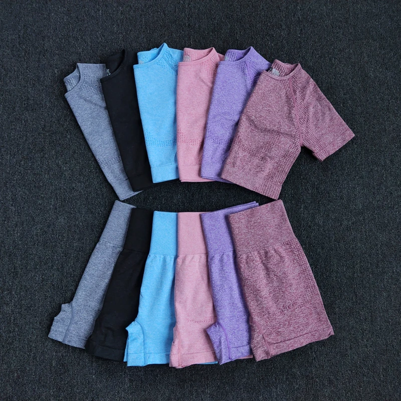 

Seamless Women Yoga Set Crop Top Short Sleeve Shirt Fitness Shorts Workout Clothes for Women Gym Clothing Yoga Sport Set