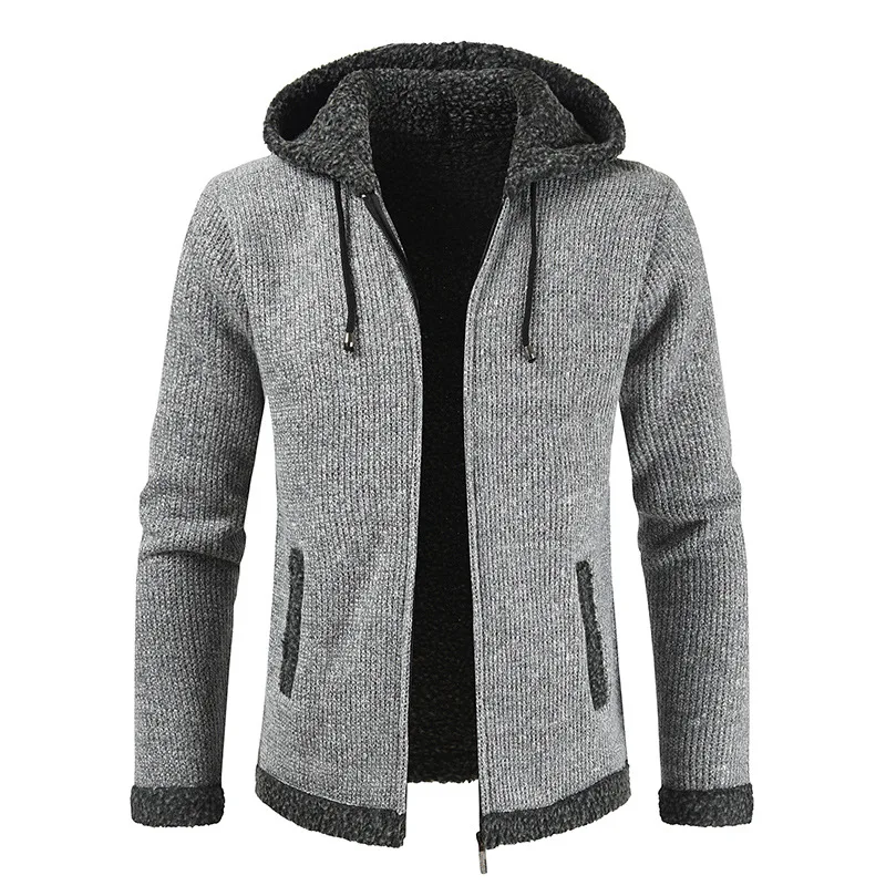 Light Grey Мужской свитер, пальто, толстый теплый кардиган с капюшоном, джемпер, мужская полосатая кашемировая теплая подкладка из шерсти, флисовое пальто на молнии для мужчин, зима - Цвет: Light Grey