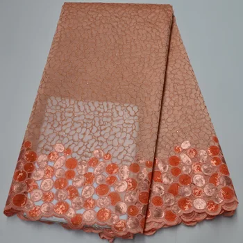 

(5yards/pc) delicate embroidered peach color African organza lace fabric with sequins for attractive party dress POL124