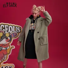 ELFSACK, розовое однотонное прямое двубортное шерстяное пальто с вышивкой крысы для женщин, зимняя женская верхняя одежда с зеленым карманом в Корейском стиле